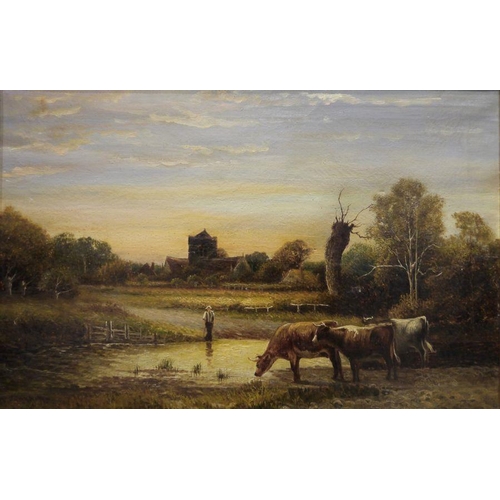 487 - E Wolervoniz(?) (early 20th century)
 Oil on canvas
  Pair of rural landscapes with cattle watering ... 