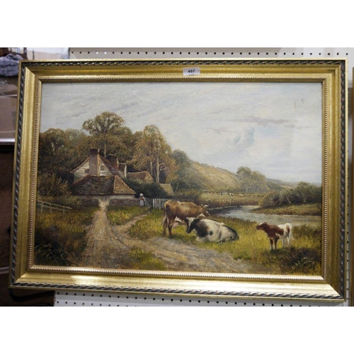 487 - E Wolervoniz(?) (early 20th century)
 Oil on canvas
  Pair of rural landscapes with cattle watering ... 