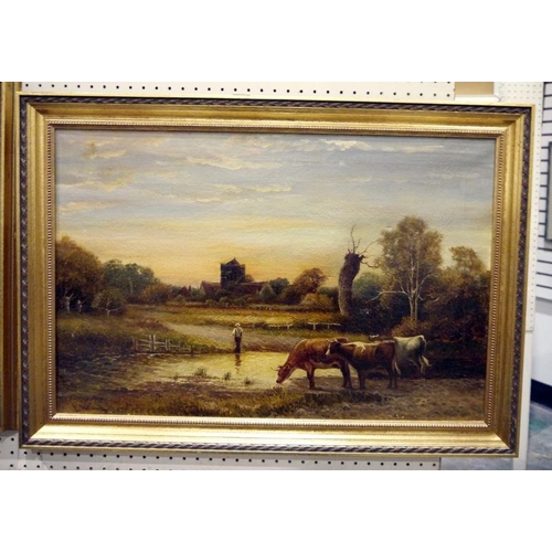 487 - E Wolervoniz(?) (early 20th century)
 Oil on canvas
  Pair of rural landscapes with cattle watering ... 