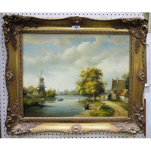 488 - Emile Vernon (1872-1919)
 Oil on board
 Continental landscape with canal and windmill, figures in fo... 