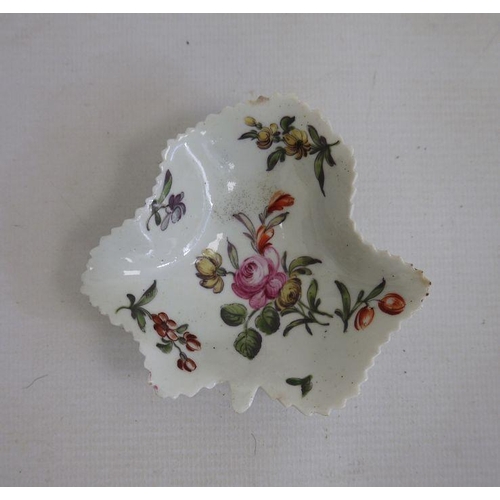 49 - 18th century porcelain pickle dish, leaf shaped with relief vein decoration to the underside, with n... 