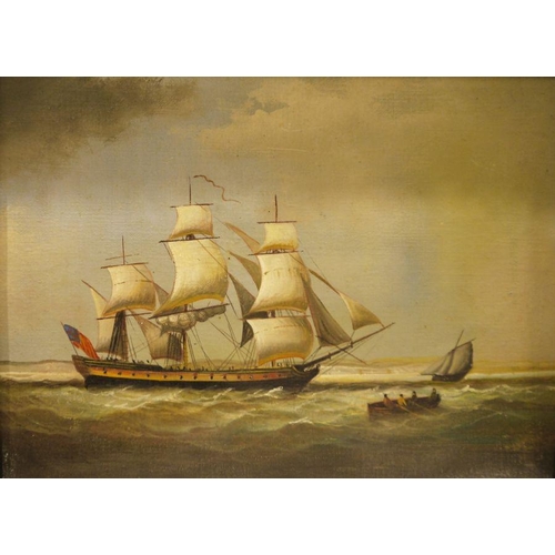 490 - 19th century school
 Oil on canvas
 Marine scene with three-masted sailing vessel and rowing boat, 2... 