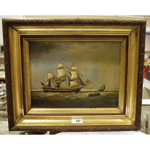 490 - 19th century school
 Oil on canvas
 Marine scene with three-masted sailing vessel and rowing boat, 2... 