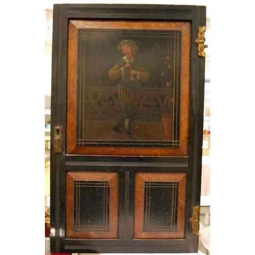 492 - Painted, burrwood and ebonised wood door panel with
 Figure of a horn player, 63cm x 38cm
 Edwardian... 