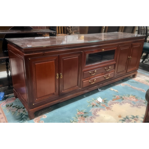 1181a - Modern Chinese hardwood lounge unit, rectangular top above assorted drawers and cupboard doors, shap... 