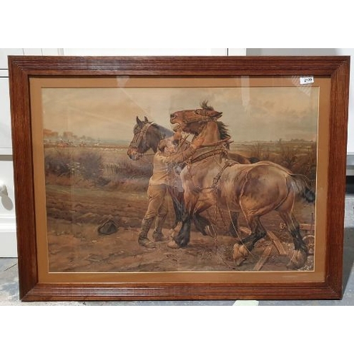 521 - Large late 19th/early 20th century 
Coloured print
Boy with carthorses, a hunt in the distance, 50cm... 