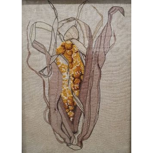 522 - Textile wall hanging picture of corn on the cob, 74cm x 54cm