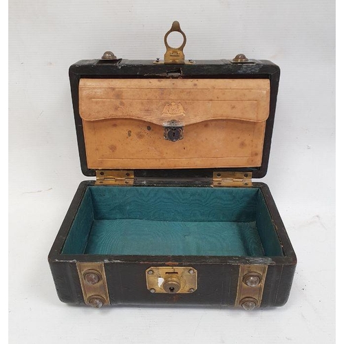 115 - Victorian leather jewellery box modelled as a trunk with brass mounts and two further leather boxes ... 