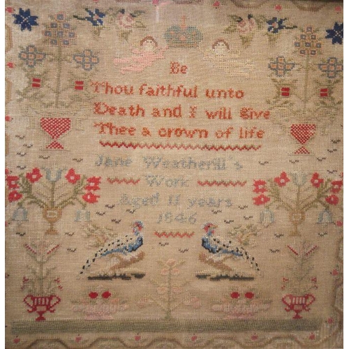 147 - Two 19th century needlework samplers by Jane Weatherill, one aged 10 years dated 1845 with alphabets... 