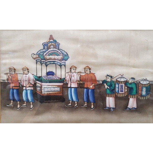 199 - Set of four Chinese watercolours on rice paper, three depicting ceremonial processions, the other th... 