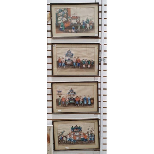 199 - Set of four Chinese watercolours on rice paper, three depicting ceremonial processions, the other th... 