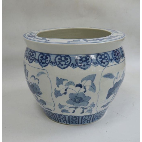 23 - 20th century Chinese blue and white jardiniere decorated with ducks on pond, unmarked to base, 26cm ... 