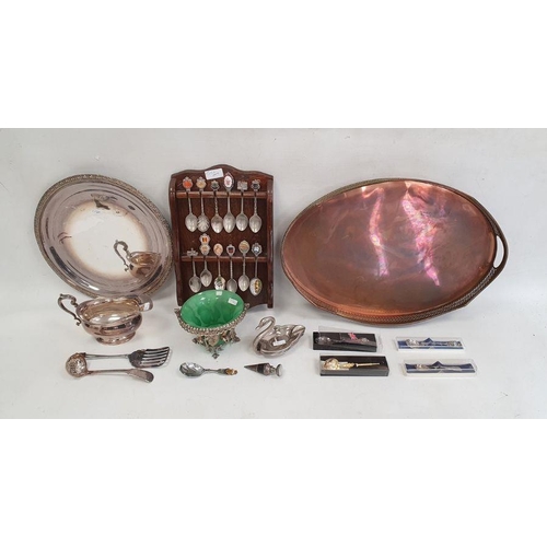 238 - Canteen of silver plated cutlery in oak box, a silver plated swing handle basket decorated with pear... 