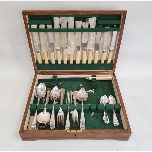 238 - Canteen of silver plated cutlery in oak box, a silver plated swing handle basket decorated with pear... 