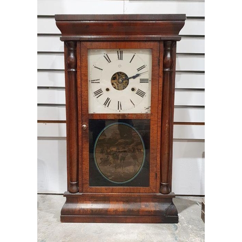 1064 - Rosewood American-style wall clock with Roman numerals, printed ice-skaters decoration to glass pane... 