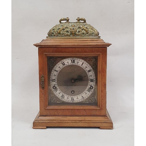 1074 - Early 20th century mahogany bracket clock with Roman numerals to the steel dial, on plinth base