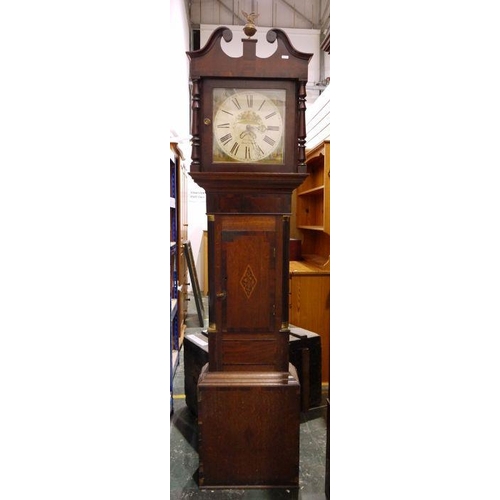 1079 - 19th century oak and mahogany cased longcase clock with swan neck pediment, painted dial with Roman ... 