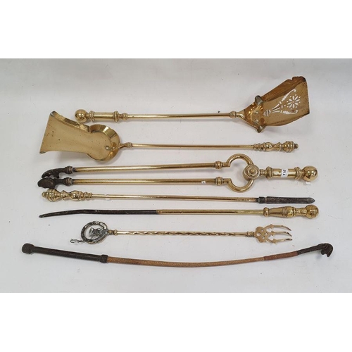 110 - Copper warming pan, a four-piece set of brass firetools and various other items