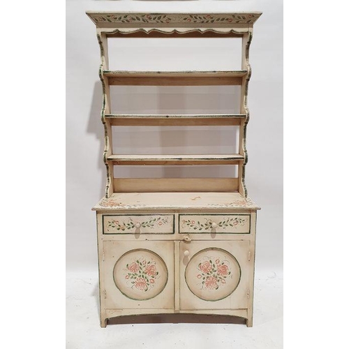 1113 - 20th century painted dresser with open shelves above two drawers, two cupboard doors, 106cm x 206cm