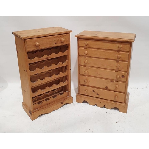 1116 - Narrow pine chest of six drawers, to bracket feet and a pine wine bottle rack (2)