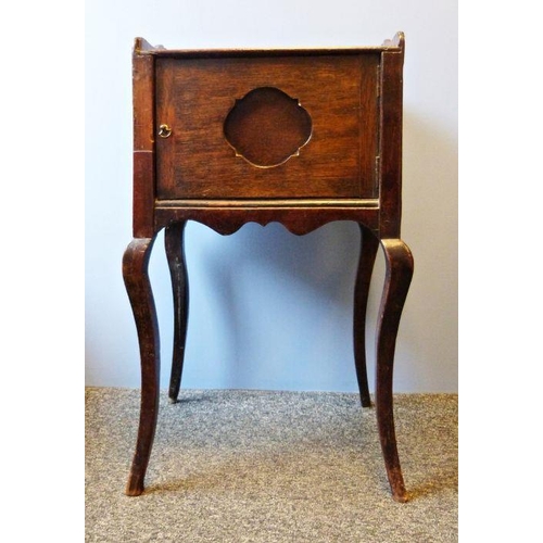 1122 - Continental oak cupboard with three-quarter gallery top, towel rail to back, single door, on cabriol... 