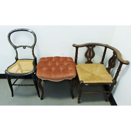 1129 - Dressing table stool on cabriole legs, a corner chair and a mother-of-pearl inlaid cane-seated chair... 