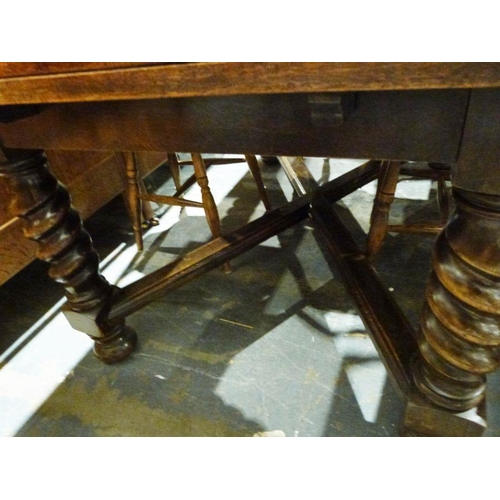 1158 - Edwardian oak draw-leaf table with barleytwist and block supports, X-shaped stretchered base