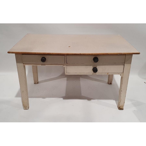 1175 - 20th century desk with melamine top, above a base of three drawers, on white painted square section ... 