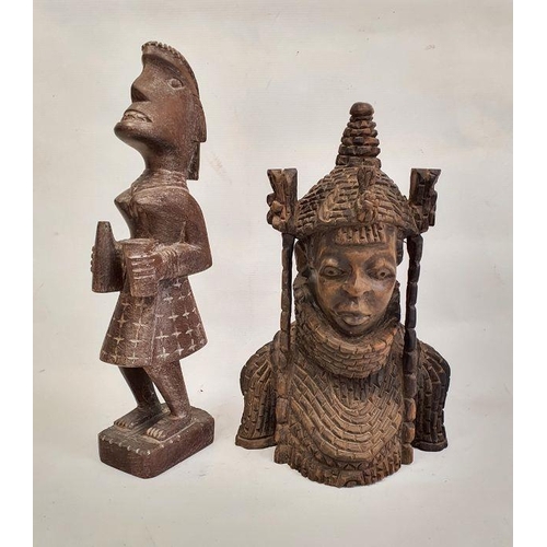 119 - African Benin style carved hardwood bust of a woman wearing a headdress and collar, 32cm, a carved h... 