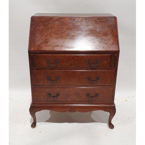 1198 - 20th century burr walnut bureau on cabriole legs, 75cm x 44cm x 105cm