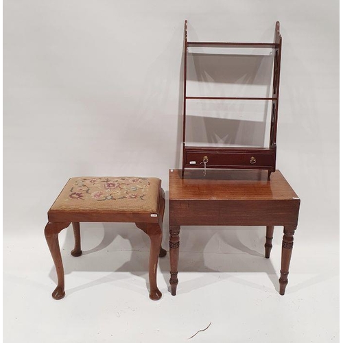 1200 - 20th century mahogany hanging shelf with two shelves and one drawer and a rectangular stool on cabri... 