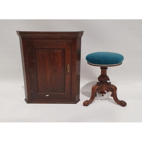 1204 - 20th century oak hanging corner cupboard with moulded edges and a mahogany blue upholstered stool (2... 