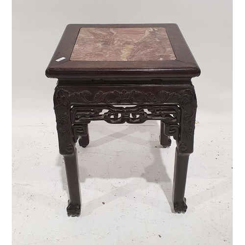 1210 - 20th century Chinese square marble top side table with carved sides, on cabriole legs, 35cm x 35cm x... 