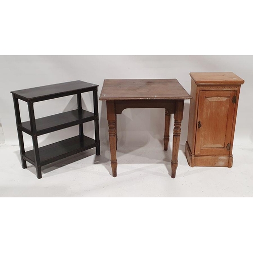 1212 - Oak pot cupboard, a three-tier ebonised bookcase and a square table on turned legs (3)