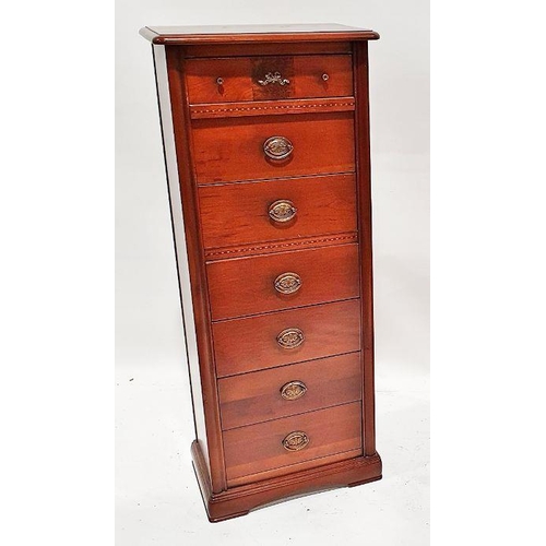 1219 - 20th century cherrywood narrow chest of drawers with brass handles and escutcheons