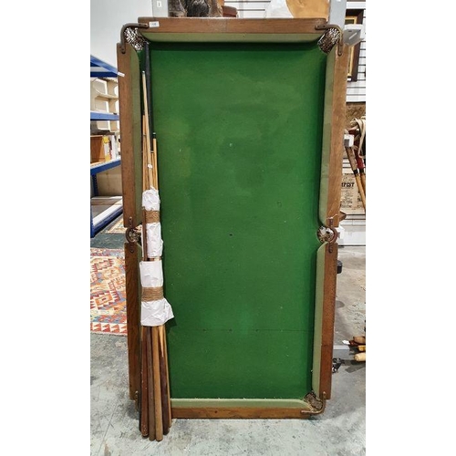 122 - Quarter-size snooker table top in oak frame with slate base, wooden scoreboard, box of balls and ass... 