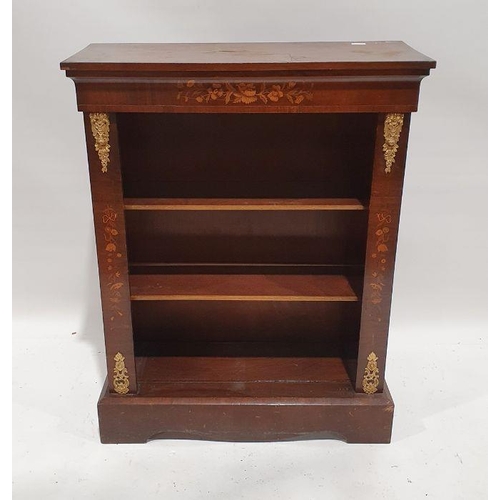 1222 - 20th century mahogany open bookcase with floral marquetry inlay, on plinth base and a piano stool (2... 