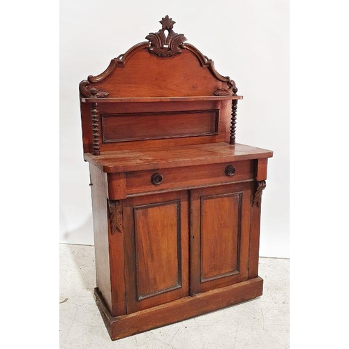 1231 - Early 20th century walnut sideboard, the carved back with single narrow shelf, on turned front suppo... 