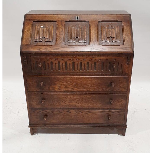 1241 - 20th century oak bureau, the drop-front with carved scroll