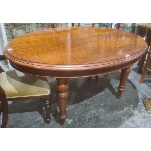 1257 - Oval mahogany extending table, moulded edge over turned supports, brown china castors