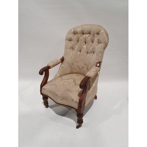 1290 - Late 19th century armchair with mahogany frame, upholstered seat and back, serpentine front, on turn... 