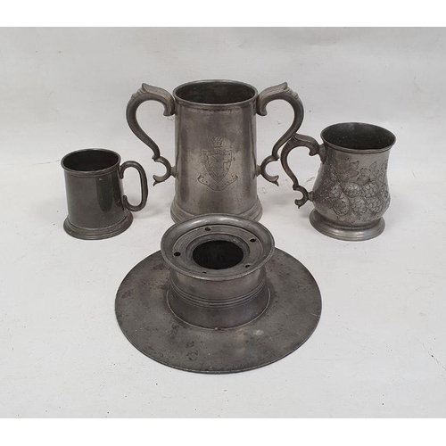 130 - Two-handled pewter mug with presentation inscription for 'Clare College Junior Trial Eights 1889', t... 