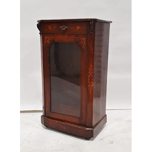 1312A - Edwardian figured walnutwood and marquetry inlaid small glazed side cabinet with single drawer and c... 