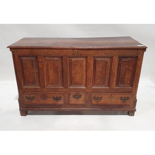 1315 - Possibly 18th century oak mule chest, the rectangular top with moulded edge above five panelled fron... 