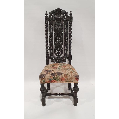 1320 - 20th century Charles I-style chair, the heavily carved and pierced back and upholstered seat, on tur... 