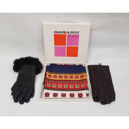 133 - Silk square scarf in Saint Laurent box, two pairs of black leather gloves and one other item