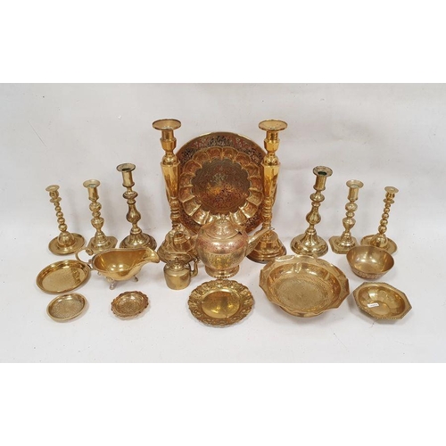 141 - Quantity of assorted metalware including brass candlesticks, brass teapot, enamelled dish, etc