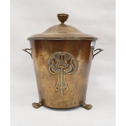 143 - Early 20th century brass coal scuttle of two-handled bucket form with stylised Art Nouveau decoratio... 