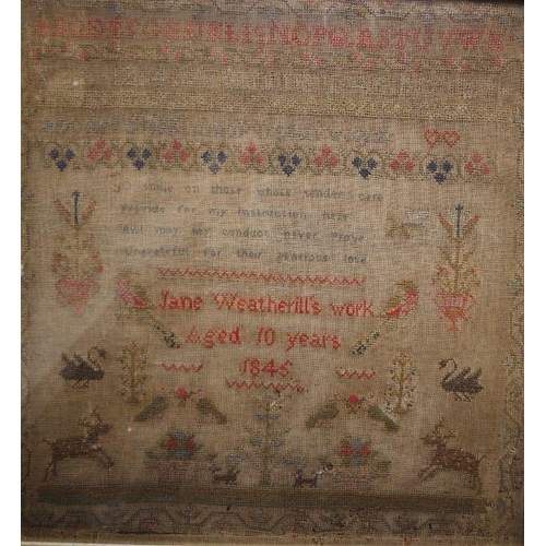 147 - Two 19th century needlework samplers by Jane Weatherill, one aged 10 years dated 1845 with alphabets... 