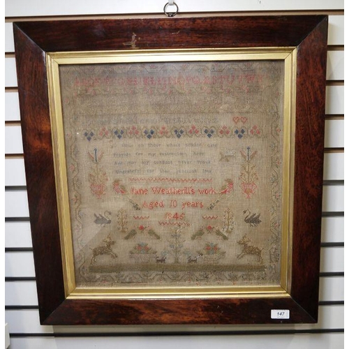 147 - Two 19th century needlework samplers by Jane Weatherill, one aged 10 years dated 1845 with alphabets... 